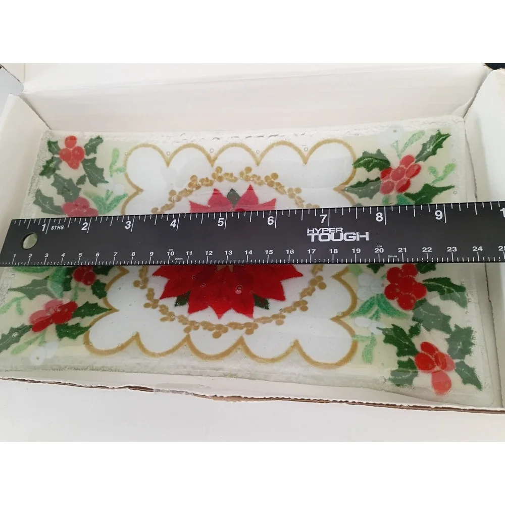 Peggy Karr Fused Glass Poinsettia Rectangular Tray Christmas Holly 9.5x5.5 NIB